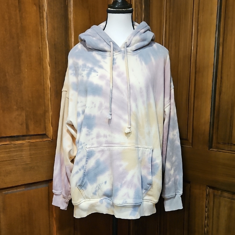 AE Oversized American Eagle Outfitters Tie-Dye Hoodie - Purple Cream Grey Yellow